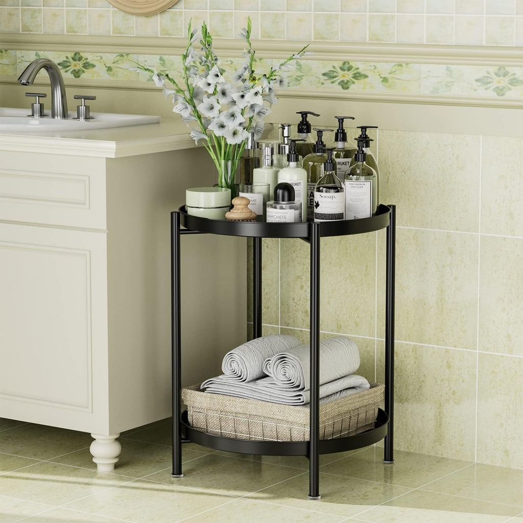 Tray End Table - Metal Side Table 2 Tier Nightstand round Accent Coffee Table Sofa Side Table Waterproof Indoor Outdoor Snack Table Removable Tray Table for Living Room Bedroom Office Black