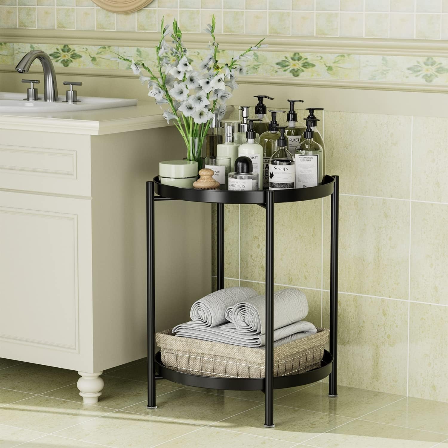 Tray End Table - Metal Side Table 2 Tier Nightstand round Accent Coffee Table Sofa Side Table Waterproof Indoor Outdoor Snack Table Removable Tray Table for Living Room Bedroom Office Black