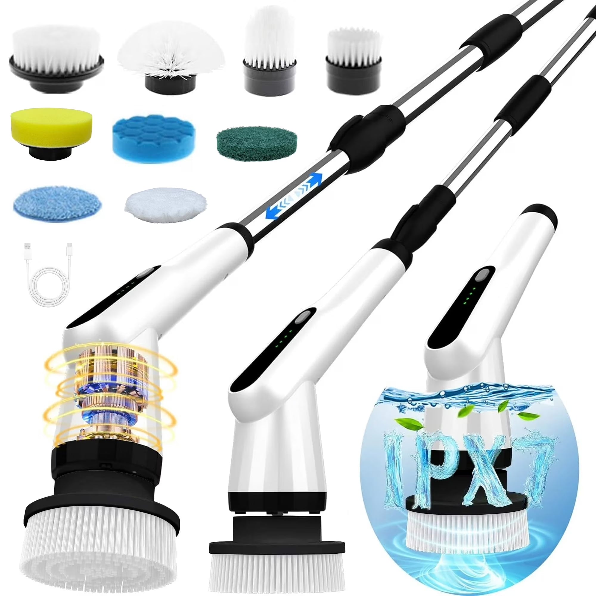 Cordless Electric Spin Scrubber with 9 Replaceable Heads - Long & Short Handle, Power Scrubber for Bathroom, Tile, Tub & Floor