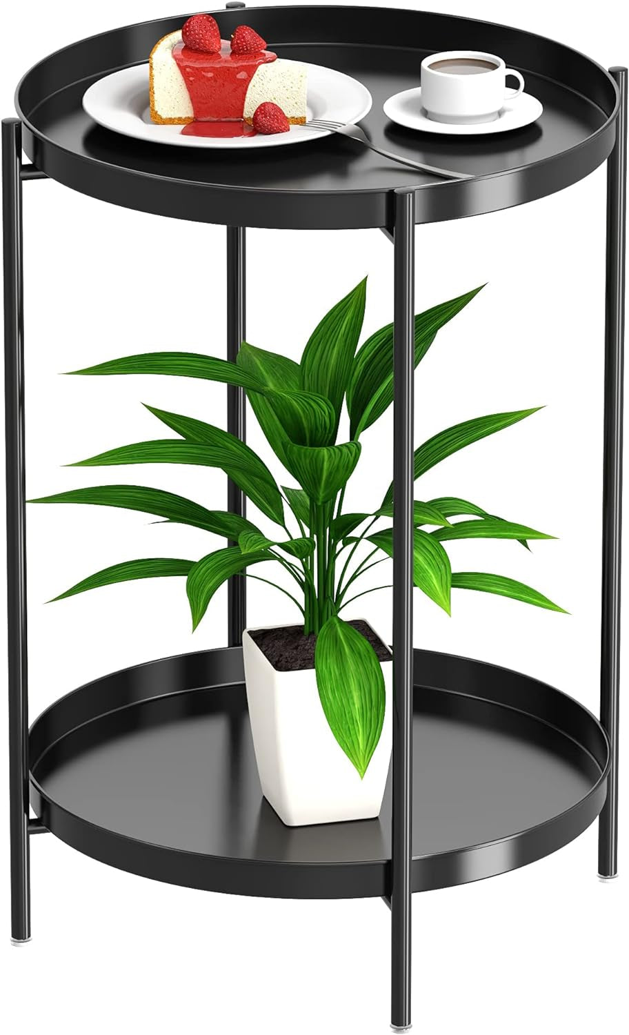 Tray End Table - Metal Side Table 2 Tier Nightstand round Accent Coffee Table Sofa Side Table Waterproof Indoor Outdoor Snack Table Removable Tray Table for Living Room Bedroom Office Black