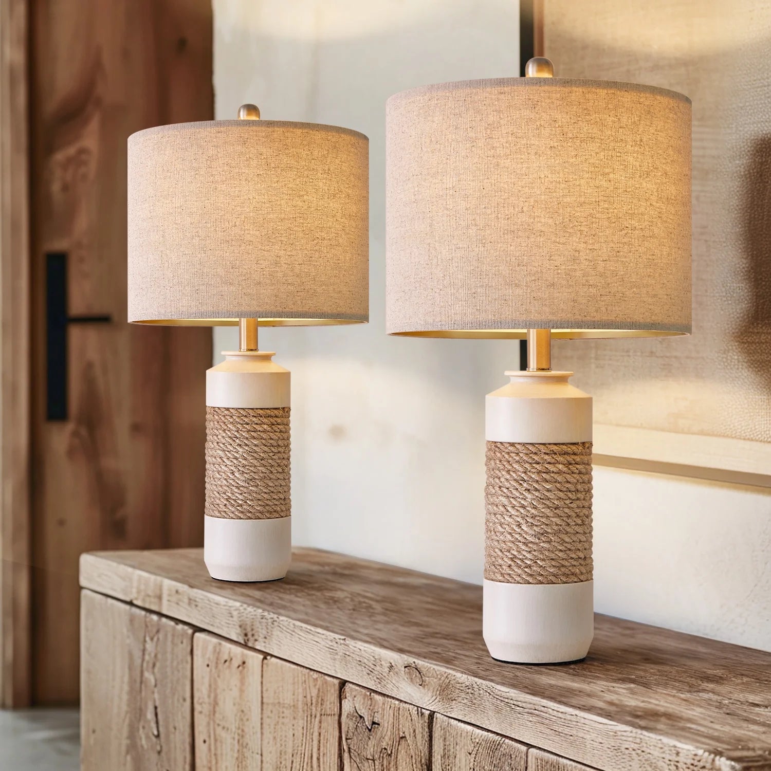 Farmhouse Resin Table Lamp Set of 2 for Living Room Bedroom 23.75" Rustic Rattan Nightstand Bedside Lamps with Lamp Shades