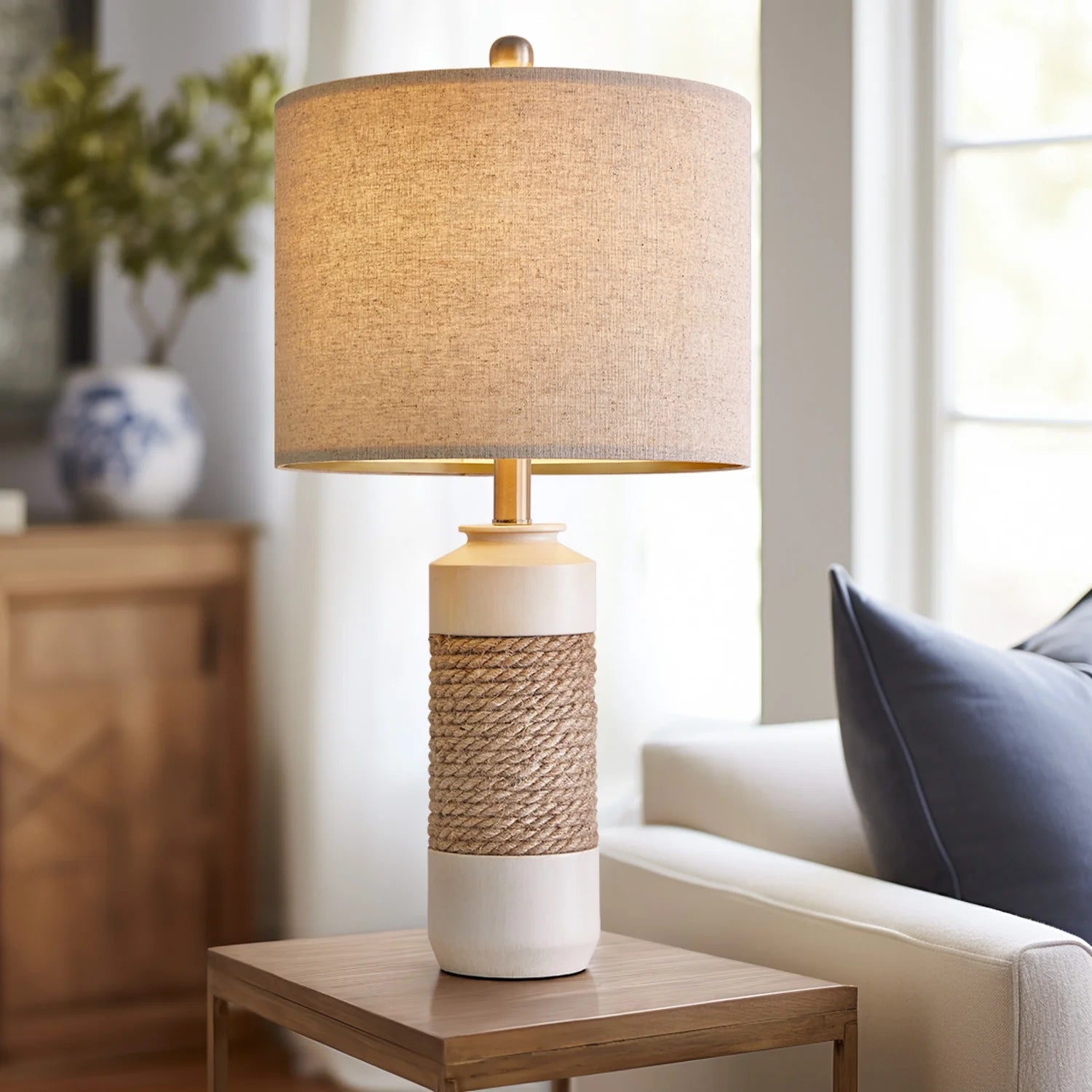 Farmhouse Resin Table Lamp Set of 2 for Living Room Bedroom 23.75" Rustic Rattan Nightstand Bedside Lamps with Lamp Shades