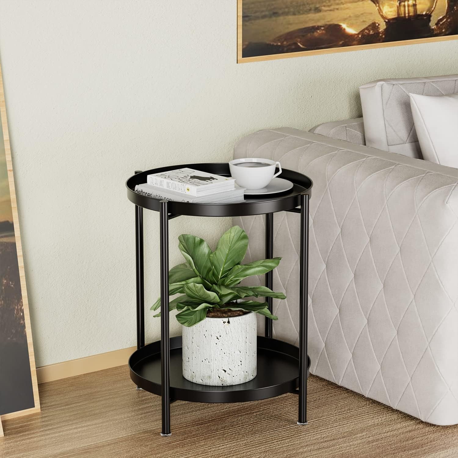 Tray End Table - Metal Side Table 2 Tier Nightstand round Accent Coffee Table Sofa Side Table Waterproof Indoor Outdoor Snack Table Removable Tray Table for Living Room Bedroom Office Black
