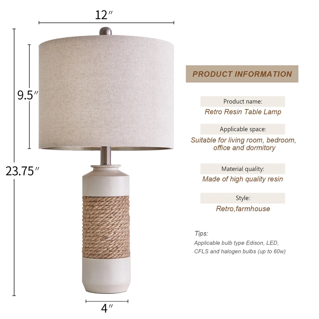 Farmhouse Resin Table Lamp Set of 2 for Living Room Bedroom 23.75" Rustic Rattan Nightstand Bedside Lamps with Lamp Shades