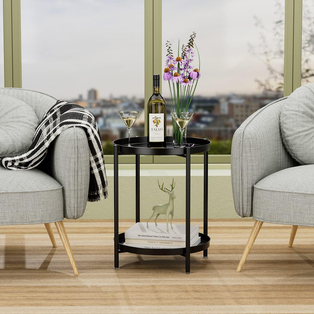 Tray End Table - Metal Side Table 2 Tier Nightstand round Accent Coffee Table Sofa Side Table Waterproof Indoor Outdoor Snack Table Removable Tray Table for Living Room Bedroom Office Black