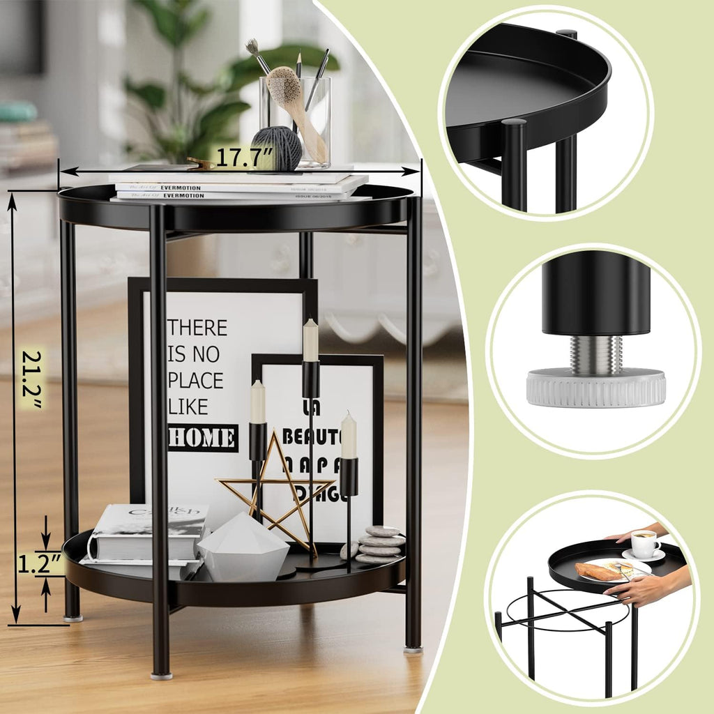 Tray End Table - Metal Side Table 2 Tier Nightstand round Accent Coffee Table Sofa Side Table Waterproof Indoor Outdoor Snack Table Removable Tray Table for Living Room Bedroom Office Black