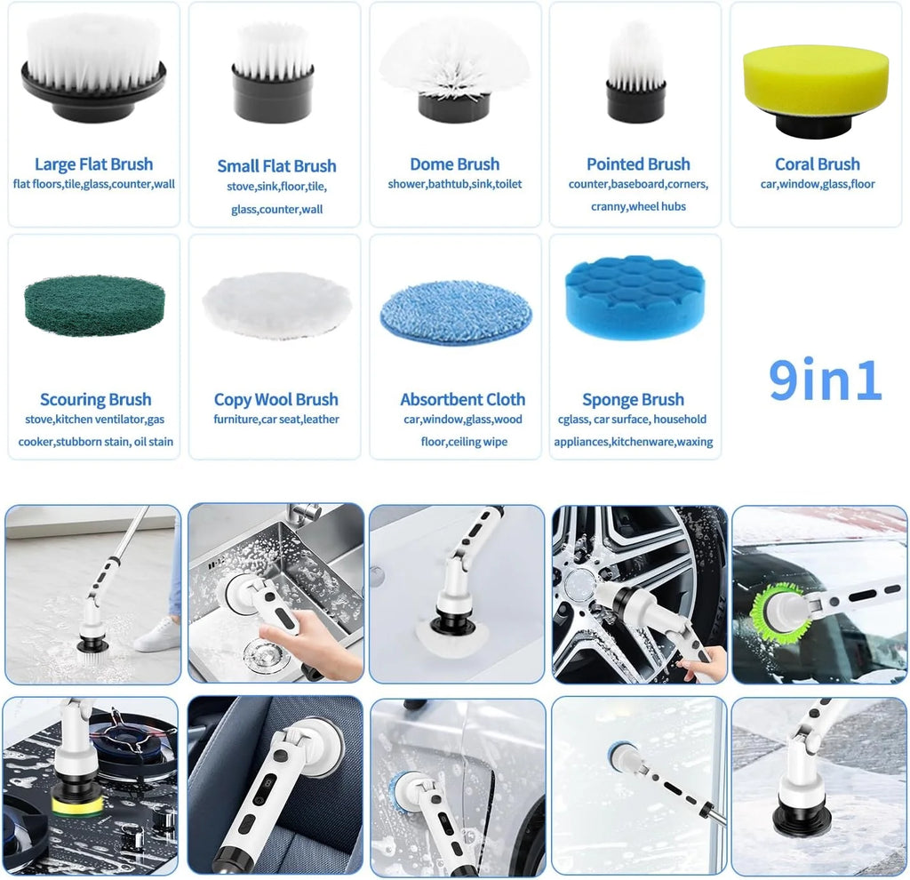Cordless Electric Spin Scrubber with 9 Replaceable Heads - Long & Short Handle, Power Scrubber for Bathroom, Tile, Tub & Floor