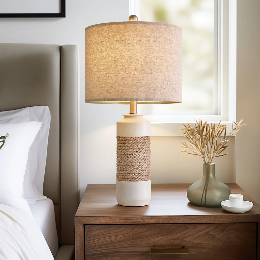 Farmhouse Resin Table Lamp Set of 2 for Living Room Bedroom 23.75" Rustic Rattan Nightstand Bedside Lamps with Lamp Shades