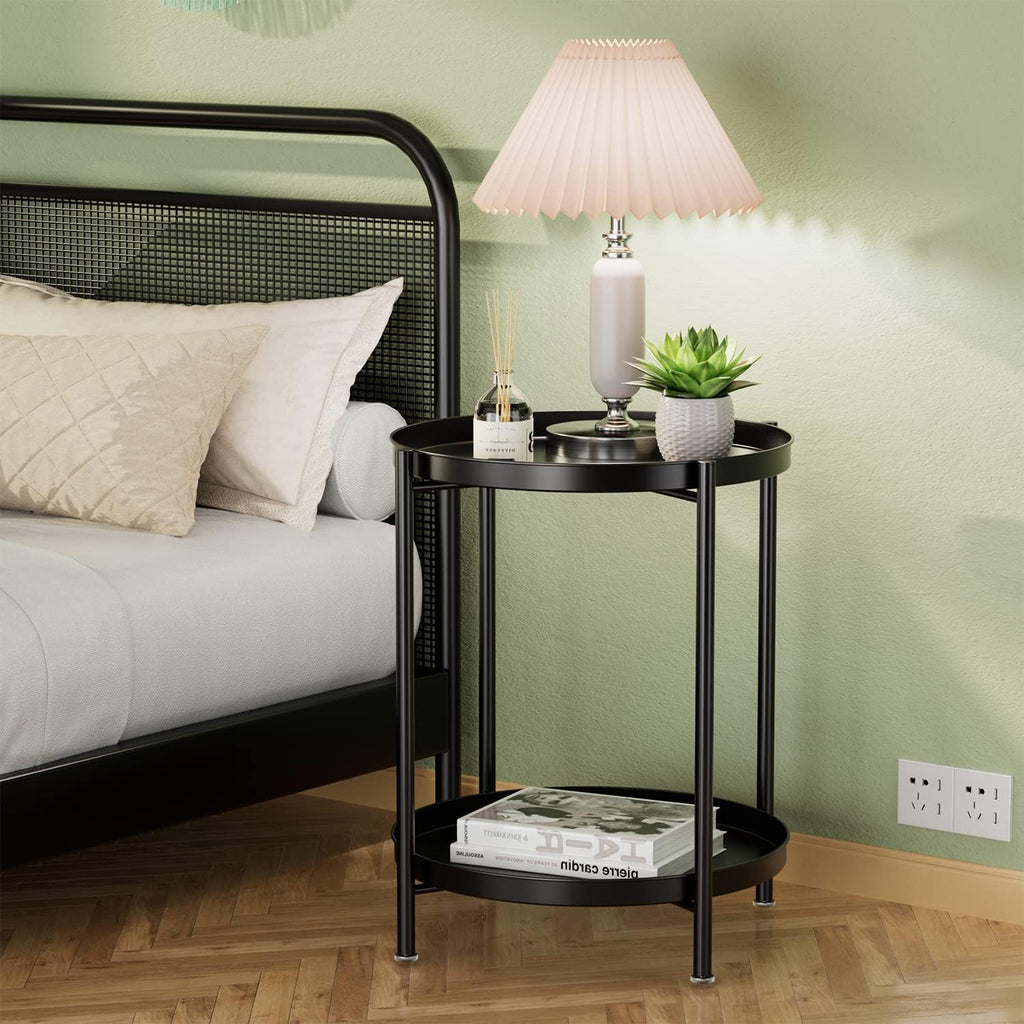 Tray End Table - Metal Side Table 2 Tier Nightstand round Accent Coffee Table Sofa Side Table Waterproof Indoor Outdoor Snack Table Removable Tray Table for Living Room Bedroom Office Black