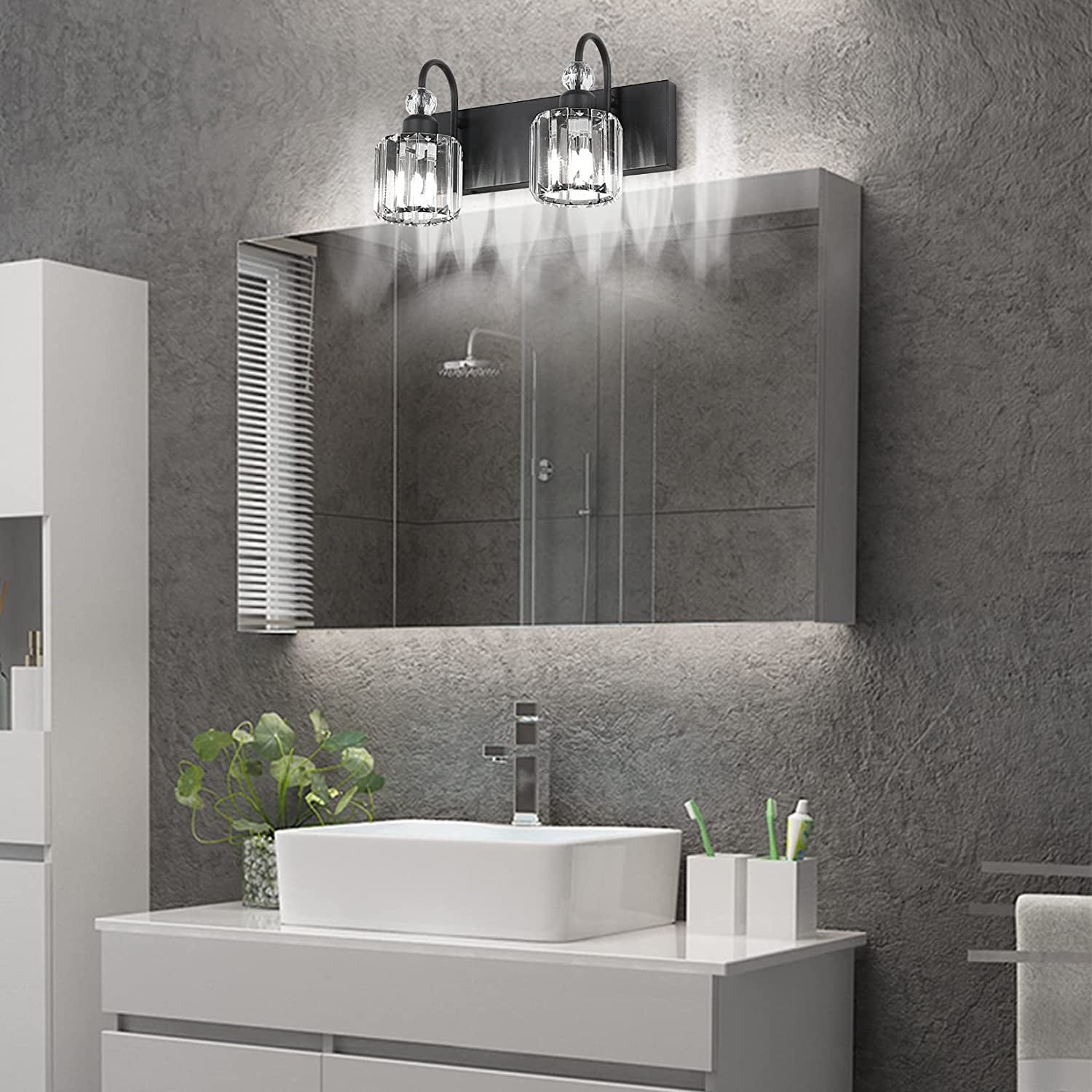 Modern Vanity Lights - 2-Light Black Crystal Bathroom Wall Fixtures
