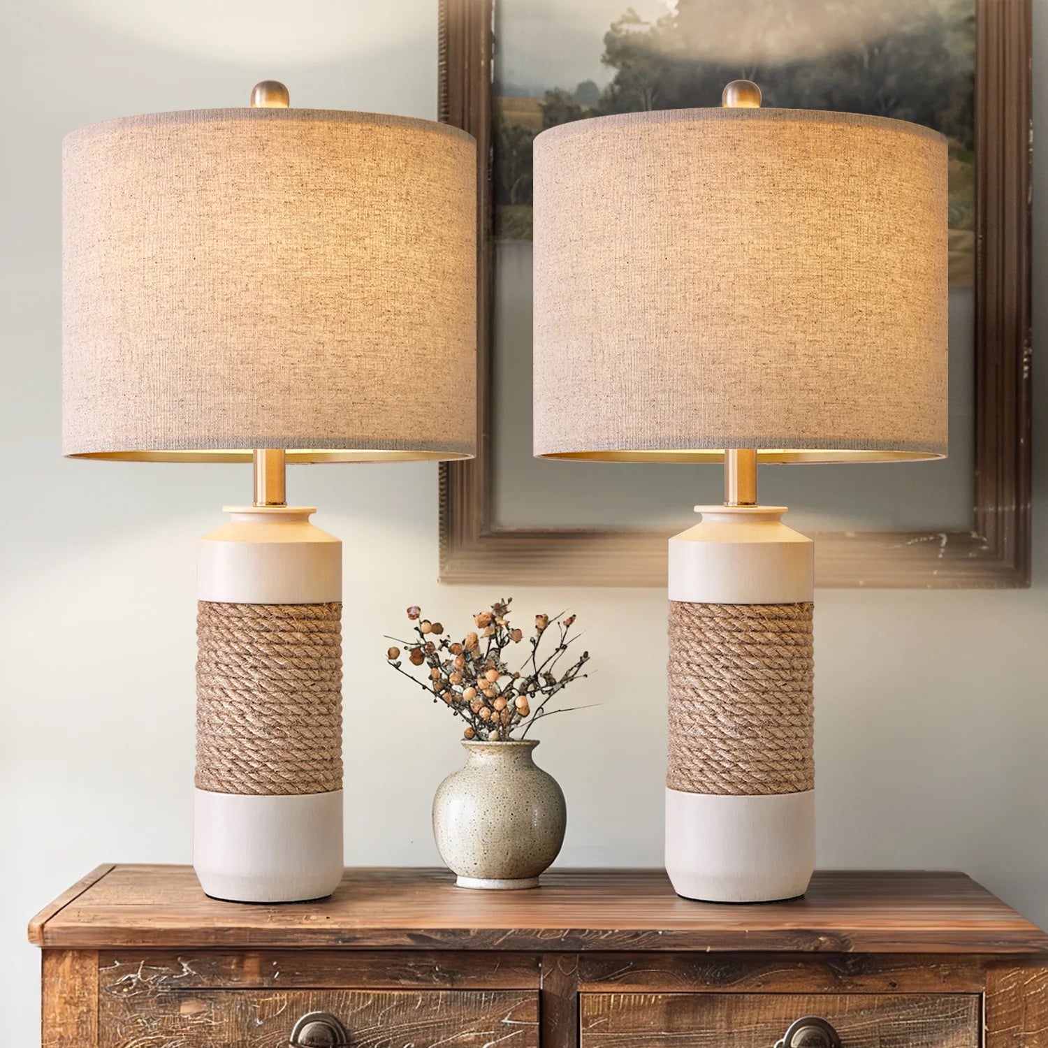 Farmhouse Resin Table Lamp Set of 2 for Living Room Bedroom 23.75" Rustic Rattan Nightstand Bedside Lamps with Lamp Shades